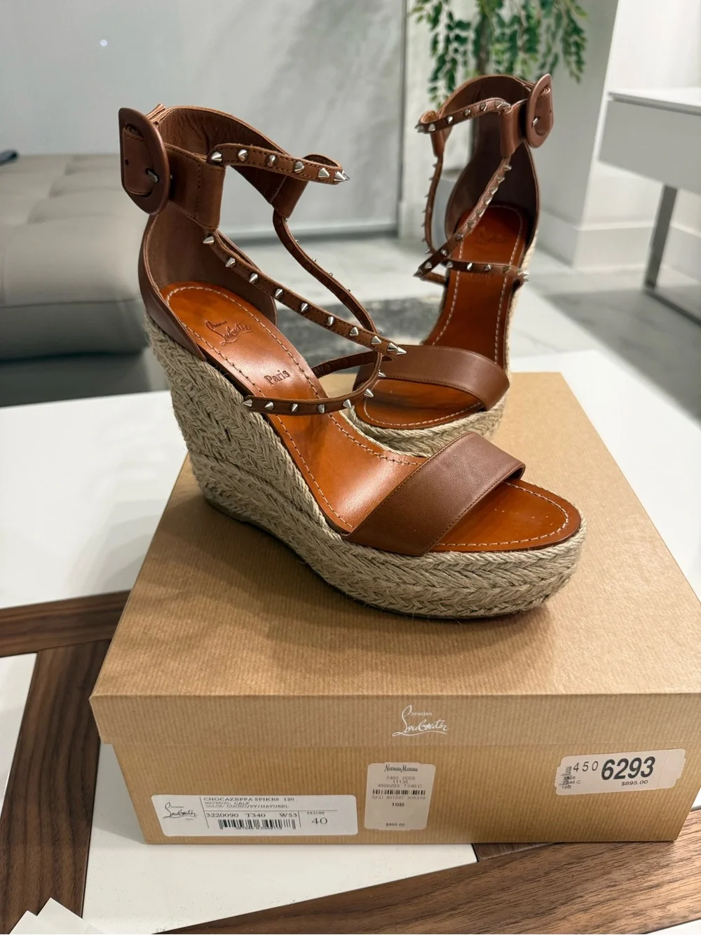 Christian Louboutin Natural Tan Chocazeppa Spikes Wedge Platform Espadrille 40